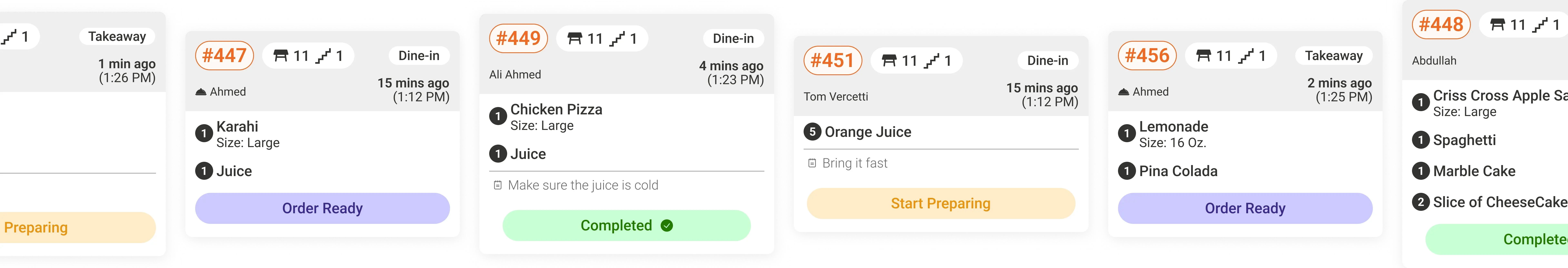 Digital kitchen order tickets showing restaurant orders being processed