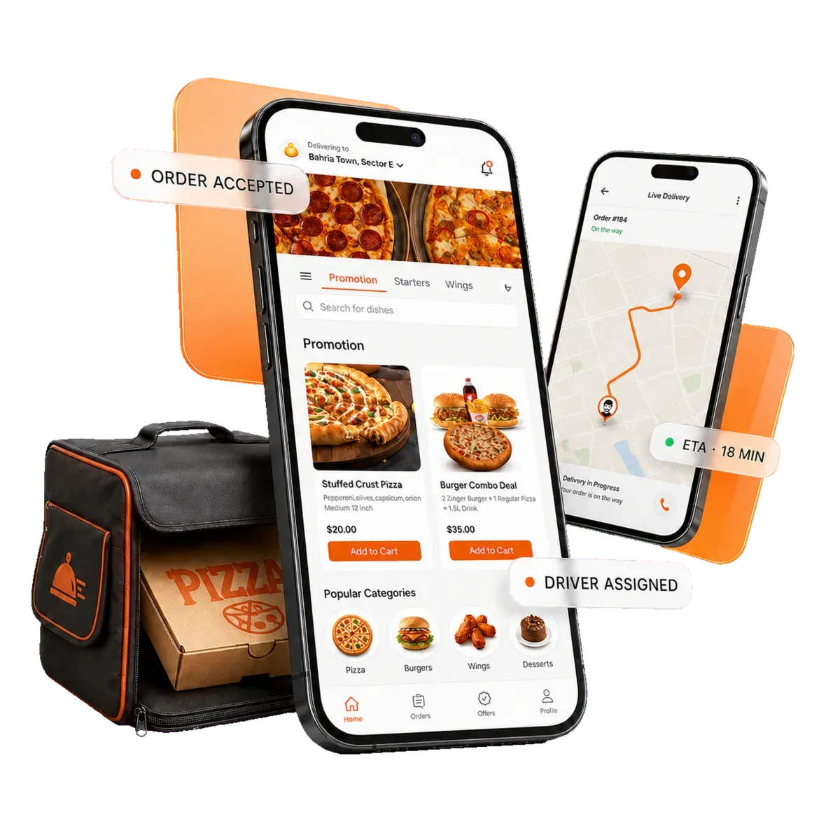 Online delivery app with live tracking and delivery bag