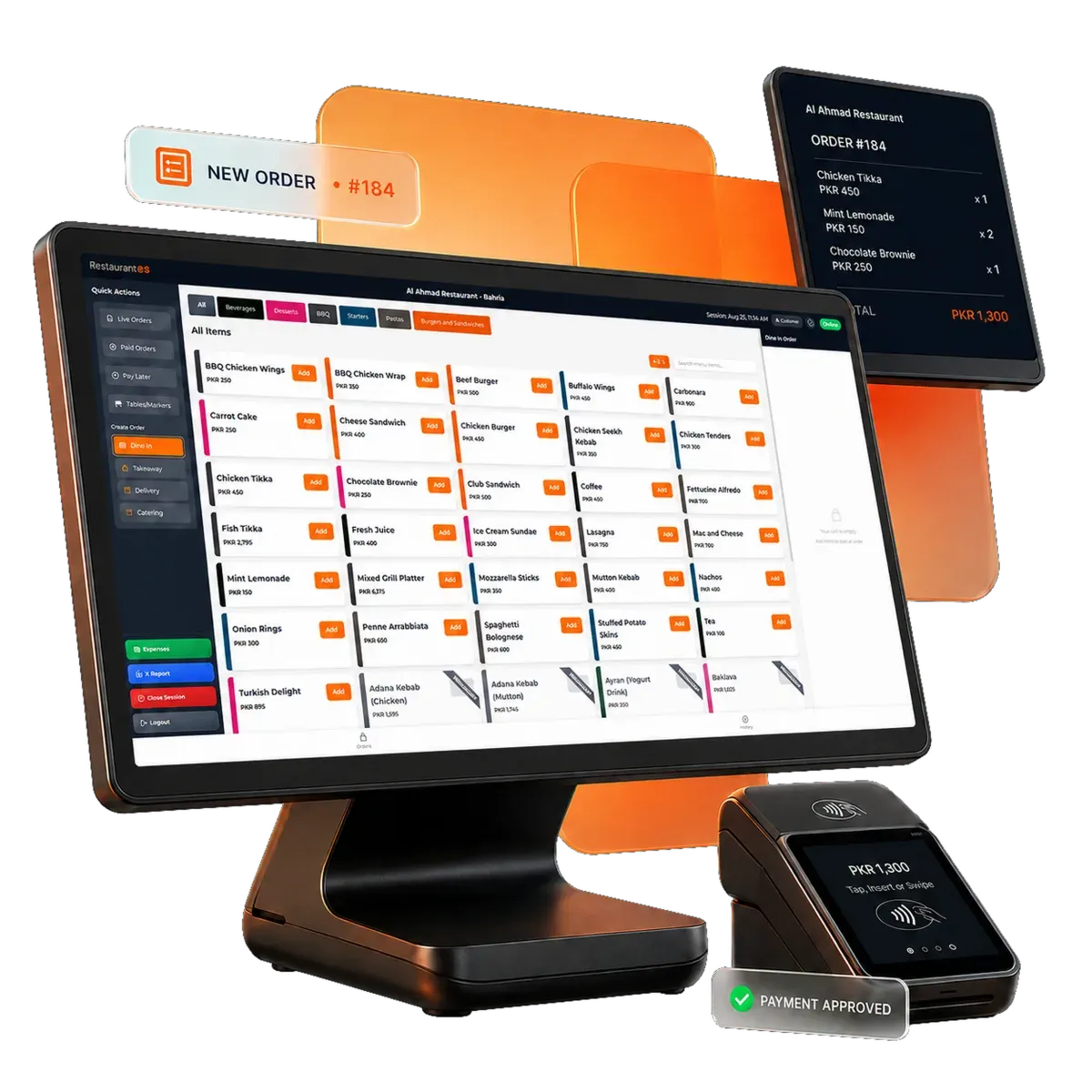 Point of Sale terminal with order screen, customer display, and payment approval