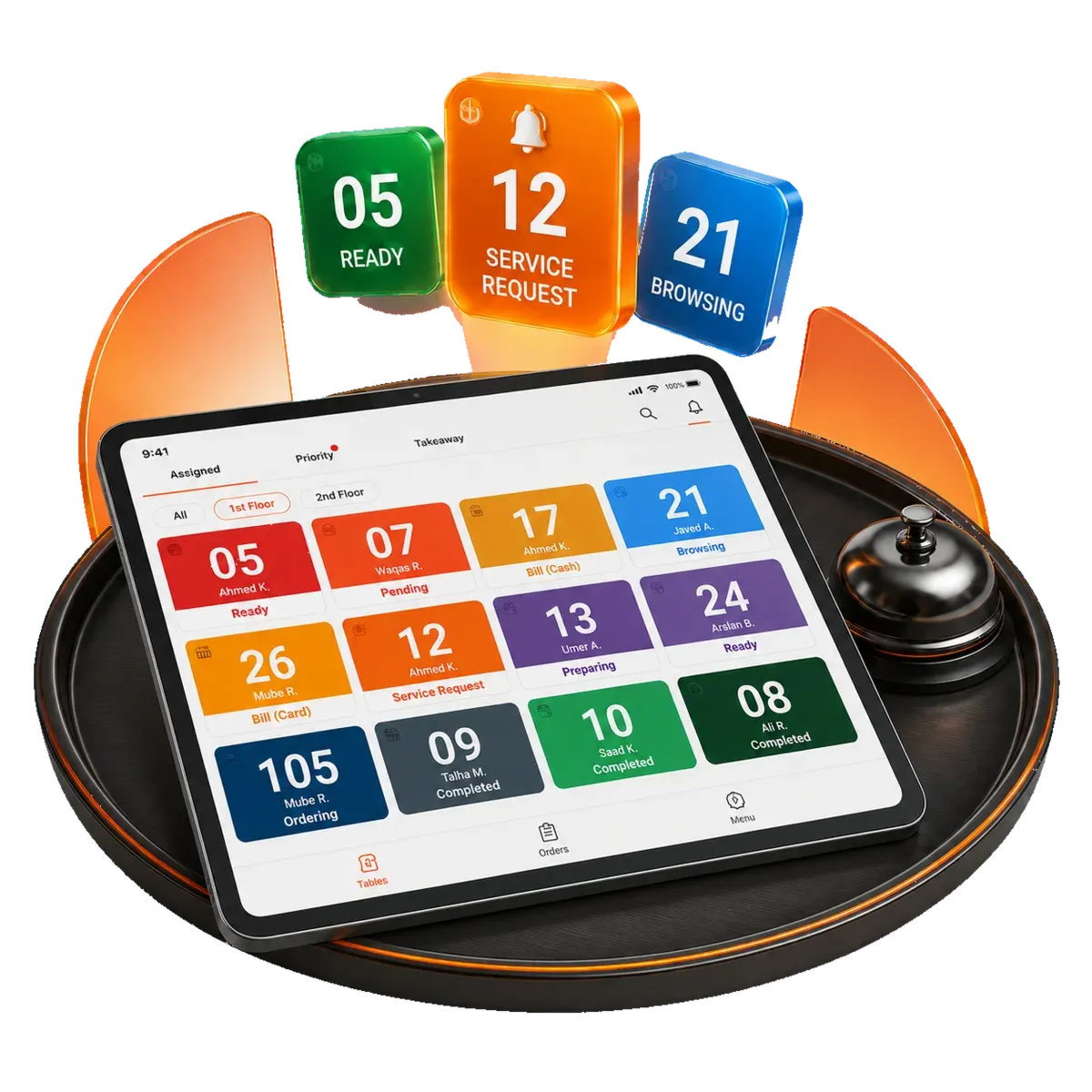 Service App tablet with table status grid and service request alerts