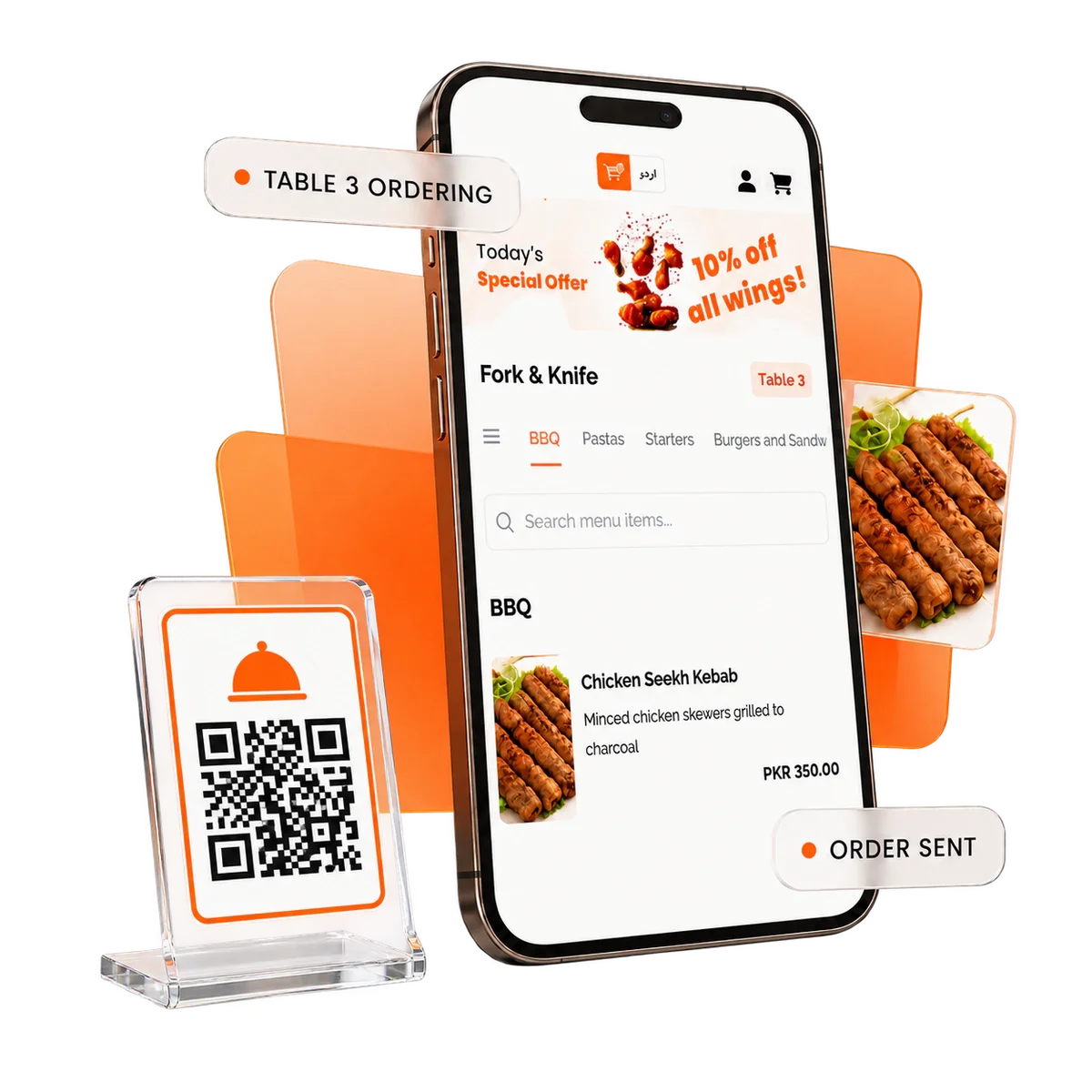 QR Ordering phone menu with table QR stand and order status