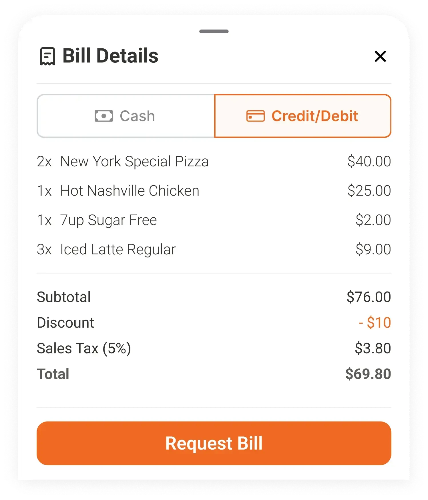 Restaurant OS bill details and payment options on a guest's phone