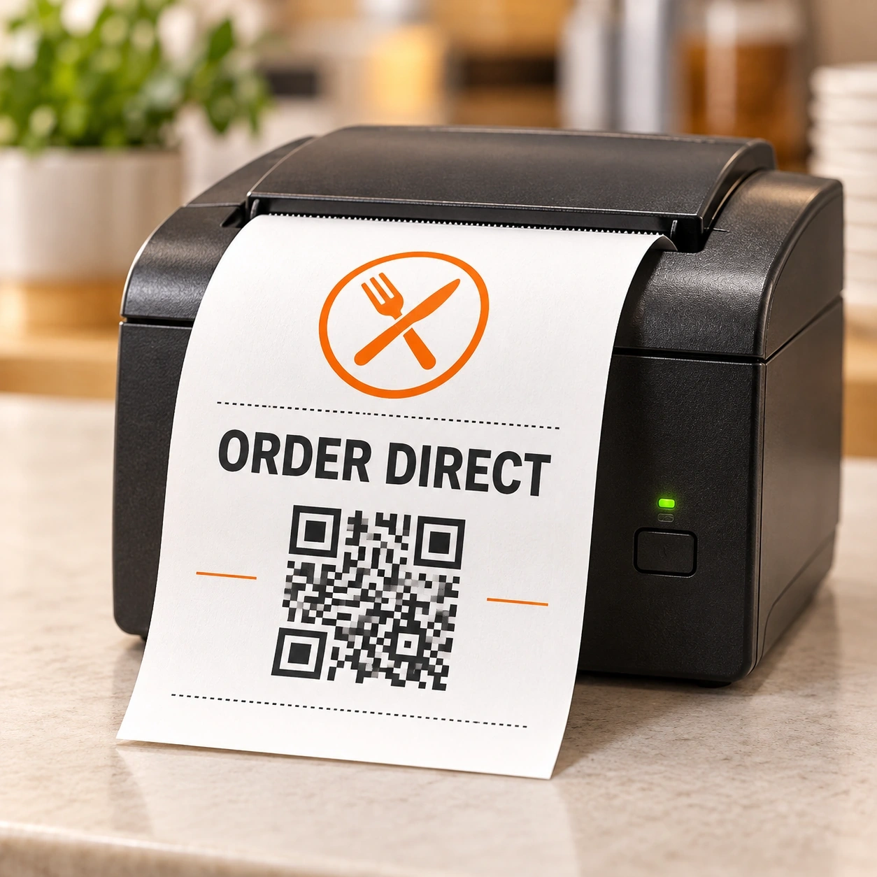 Restaurant receipt printer producing a direct-order QR receipt