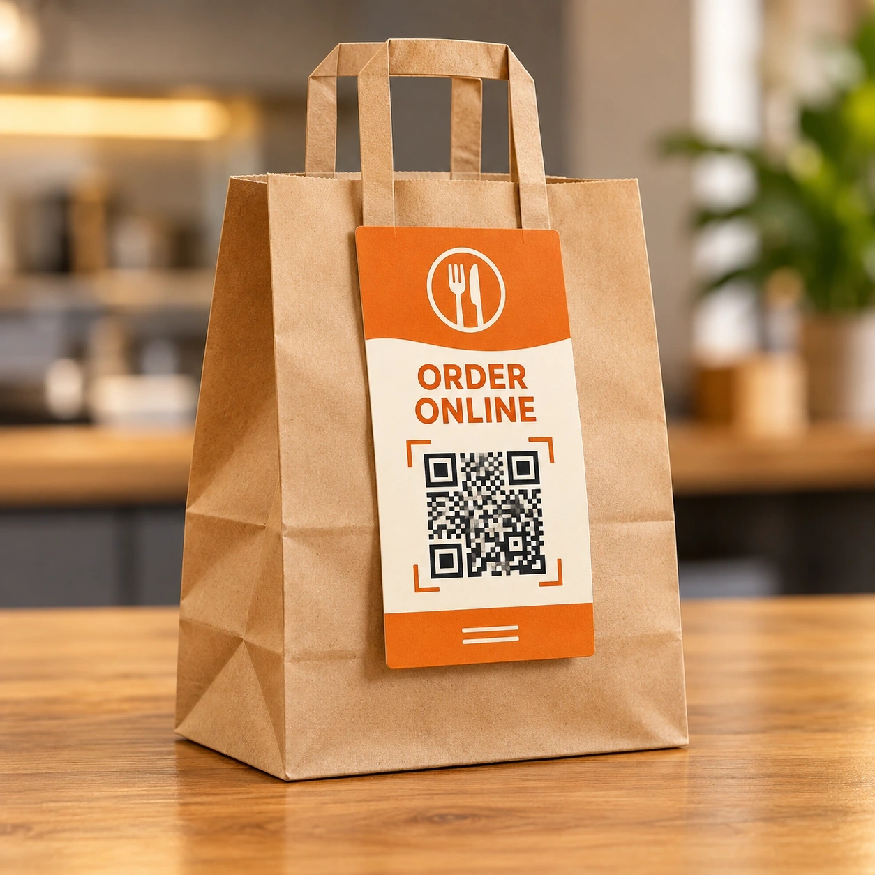 Restaurant takeaway bag with a direct-order QR card