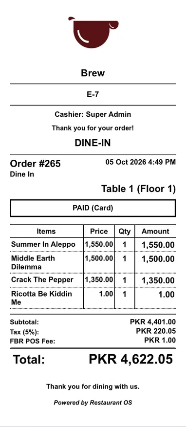 Paid Restaurant OS POS receipt from Brew